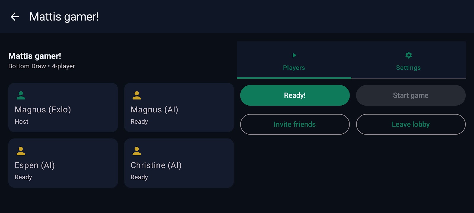 Mattis: Online lobby for 4 players